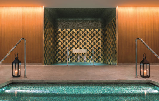 View of interior spa pool with marble design of Bvlgary Hotel